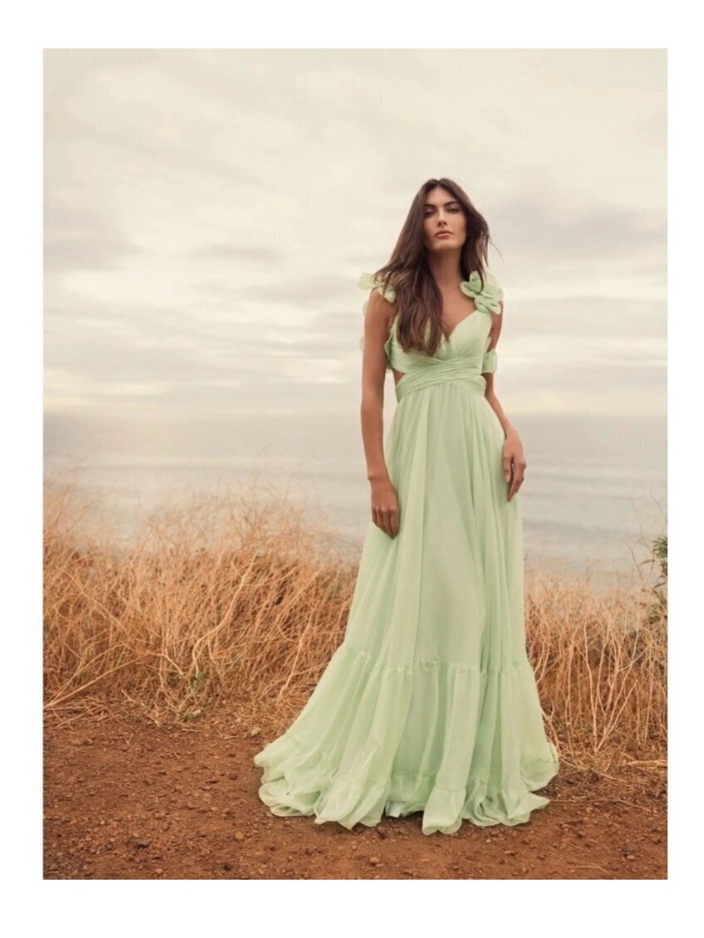 Mac Duggal Pastel Green Ruffle Sleeve Cutout Maxi Gown - Picture 4 of 8